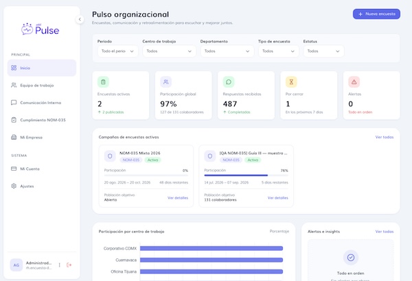 Dashboard NOM-035 — panel de cumplimiento JOBi Pulse